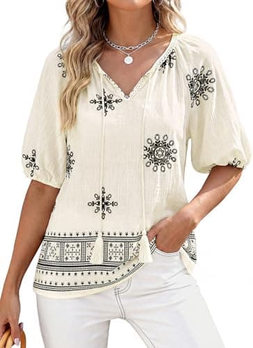 CFLONGE Womens Summer Boho Tops Casual Puff Short Sleeve Blouses V Neck Floral Shirts Loose Tie Front Flowy Vacation Clothes(White Black Flower,Medium) - Image 1