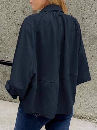Tankaneo Womens Bomber Jackets Oversized Batwing Sleeve Zip Up Puffed Jacket Lapel Collar Pleated Outerwear - Thumbnail 4