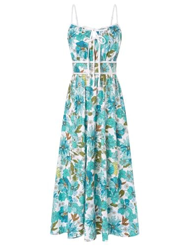 GRACE KARIN 2026 Women's Summer Maxi Floral Dress, Spaghetti Strap Tie Front Boho Sundress with Pockets, Green L