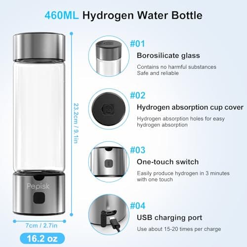 Hydrogen Water Generator Bottles, Hydrogenated Water Bottle with SPE PEM Technology, 460ml(16OZ) Hydrogen Water Bottle Generator for Home, Office, and Travel-Certified H2 Generator-Gift Box - Thumbnail 4