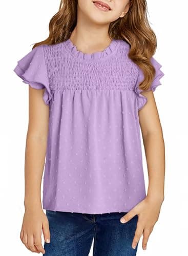 DOKOTOO KIDS Girls Purple Tops Teen Short Sleeve Blouse Tween Cute Dressy Trendy Little Girl Babydoll Casual Peplum Ruffle Boho Swiss Polka Dot Shirts Size 6-7 Years - Image 1