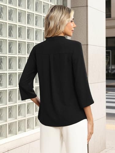 Funlingo Blouses for Women Dressy Casual 3/4 Length Sleeve Womens Tops V Neck Business Work Tunic Shirts Sping Professional Clothes Black M - Thumbnail 5