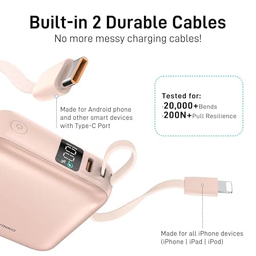 VINKO 10000mAh Power Bank Built-in Cables, Fast Charging with LED Display, Small Travel Battery Pack with Cords, Airplane Travel Essentials,Portable Phone Charger for iPhone 17 Smart Devcies(Pink) - Thumbnail 3
