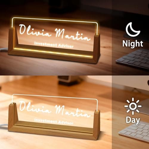 Custom Desk Name Plate Personalized with Wood LED Light Base, Office Acrylic Nameplate for Men Dad Father, Personalized Office Desk Accessories Decor, Boss Executive Name Sign. - Thumbnail 3
