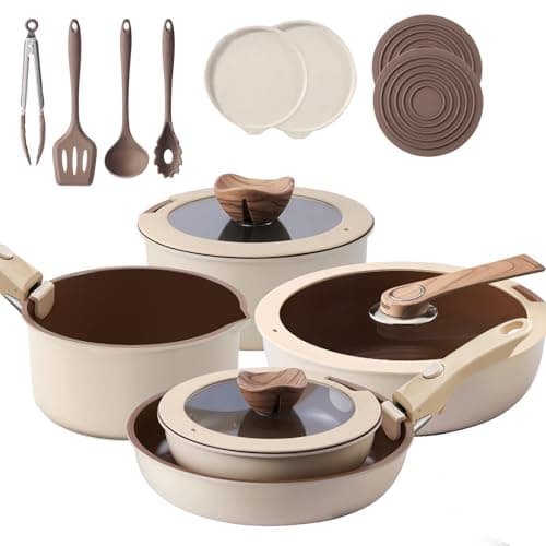 Filbee 17-Piece RV Pots and Pans Set with Detachable Handle, Stackable Nonstick Cookware Set, Thickened Base Brown Cookware Set, Ceramic Pots and Pans Set for Camper(PFOS, PFOA Free) - Image 1