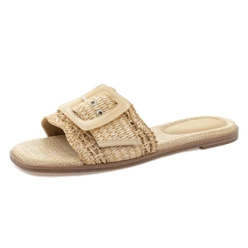 Rihero Raffia Flat Sandals for Women Dressy Slip On Beach Slides Square Toe Buckle Summer Fashion Woven Sandals Natural Size 8.5 - Image 1