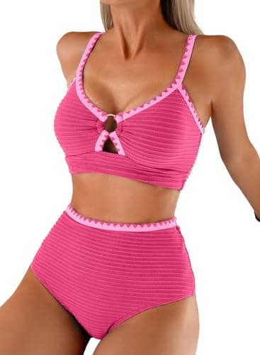 Herseas Women's Textured Pink Bikini Sets Whip Stitch O Ring Popular Swimsuits 2 Piece High Waisted Full Coverage Bathing Suits Slimming Resort Swimwear Essentials Teens X-Large - Image 1