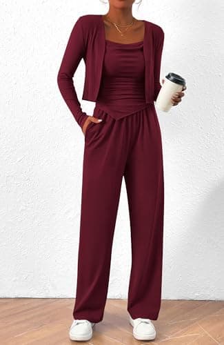 BTFBM Women's Fall Lounge Sets 3 Piece Outfit Tracksuits Casual Long Sleeve Tops High Waisted Sweatpants Set(Wine Red,X-Large) - Thumbnail 2
