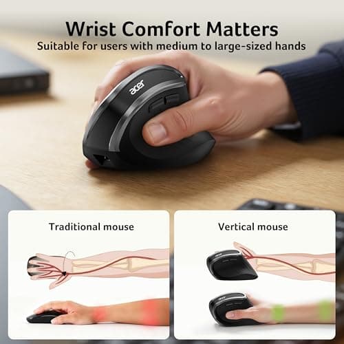 Acer Ergonomic Mouse Wireless, Vertical Computer Mouse for Office, Ergo Mice Rechargeable for Medium to Large Sized Hands, 2.4GHz USB Receiver, 800/1200/1600 DPI, 6 Buttons for Laptop, PC and Desktop - Thumbnail 4
