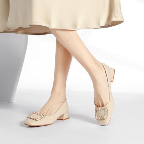 QFDZLA Women's Low Chunky Block Heel Pumps Comfortable Leather Square Toe Dress Shoes Slip On Block Heel for Office Lady Shoes Nude Size 10 - Thumbnail 2