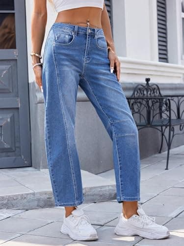Genleck Barrel Jeans Women Wide Leg Cropped Jeans High Waisted Baggy Boyfriend Mom Denim Ankle Pants with Pockets（Medium Blue,14） - Thumbnail 3