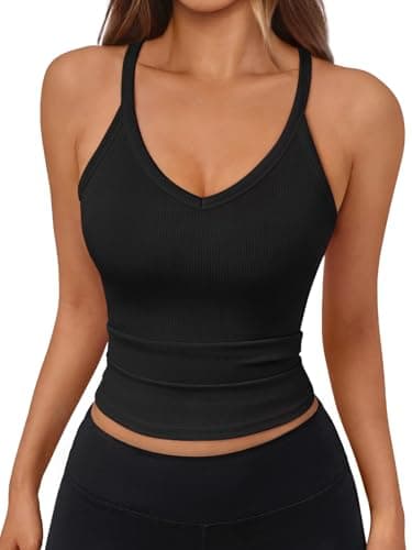 Trendy Queen Womens Racerback Ribbed Tank Tops Soft Stretch V Neck Workout Casual Tops Summer Sleeveless Crop Camisole Black M
