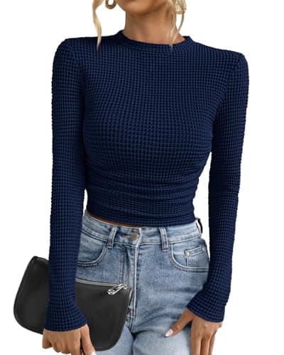 PRETTYGARDEN Womens Tops 2026 Spring Long Sleeve Fitted T Shirts Waffle Ruched Crop Shirt Basic Knit Workout Y2k Clothes(Navy Blue,X-Large) - Image 1