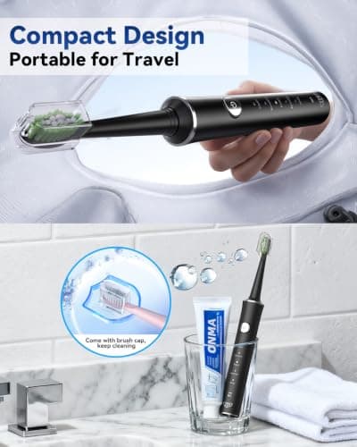 JTF Sonic Electric Toothbrush for Adults: 6 Brush Heads, Travel Bag, Tongue Scraper, 5 Brushing Modes for Teeth, Smart Timer and IPX7 Waterproof, Rechargeable Toothbrush for Deep Cleaning & Whitening - Thumbnail 5