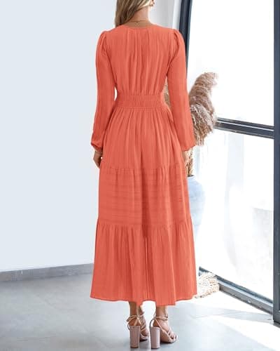 BTFBM Spring Dresses for Women 2026 Casual Long Sleeve V Neck Elastic Waist Lightweight Maxi Wedding Guest Dress Pockets(Orange, X-Large) - Thumbnail 3