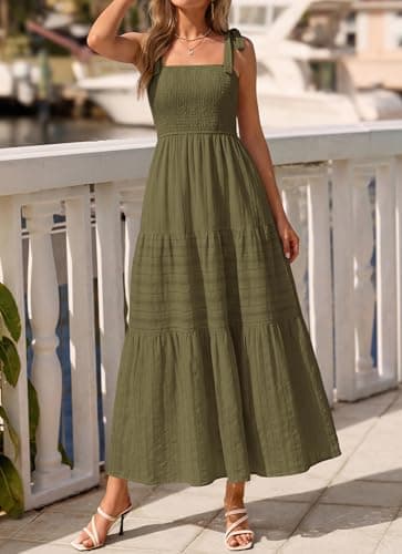 BTFBM Women's 2026 Spring Boho Spaghetti Strap Dress Casual Sleeveless Smocked A Line Beach Sundress Long Maxi Dresses(Army Green, Large) - Thumbnail 5
