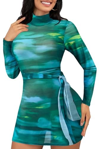 MSVLDR Sexy Long Sleeve Mini Dress for Women Sheer Mesh Printed Crew Neck Bodycon Party Clubwear See Through Dresses Green X-Small - Image 1