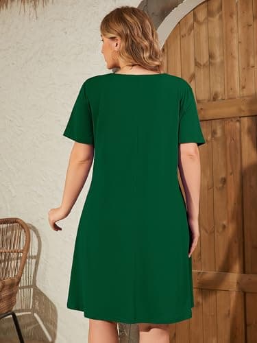 AusLook Plus Size Summer Green Dress for Women V Neck Short Sleeve Loose Fit Casual Knee Length 5X Sundress with Pockets - Thumbnail 6