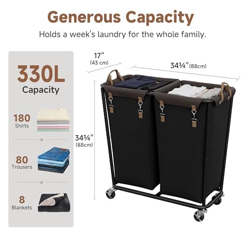 StorageWorks 390L Extra Large Laundry Hamper with Wheels, Laundry Basket with Wheels 2 Sections, Clothes Sorter Cart with Divider for Hotel, Home, Black, 1-Pack - Thumbnail 2