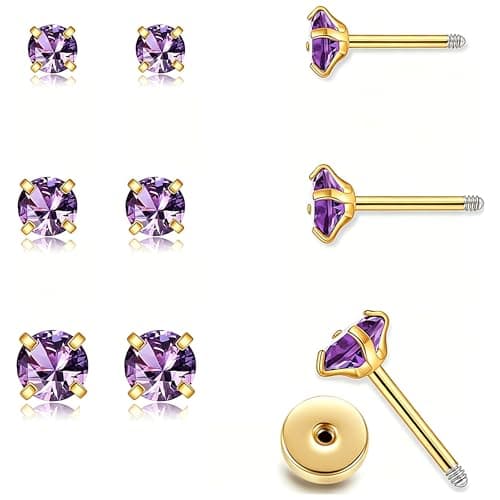 Handmade Tiny Flat Back Stud Earrings: 3 Pairs 14K Gold Plated Screw Flatback 2 3 4mm Cubic Zirconia Earrings Cartilage Piercing Jewelry for Women Helix Tragus Earlobe (3 Pairs-Purple CZ Stud-2/3/4mm) - Image 1