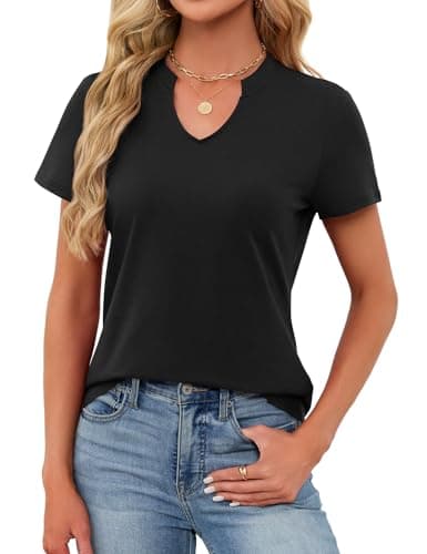 Women's V Neck Cotton T-Shirts Breathable Short Sleeve Tops Lightweight Stretch Summer Tees (Black,Small) - Thumbnail 2