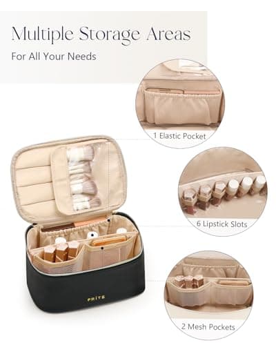 Prite Makeup Bag, Large Capacity Portable Travel Cosmetic Bag, Waterproof Makeup Organizer for Women with Handle and Divider (001 Black) - Thumbnail 3