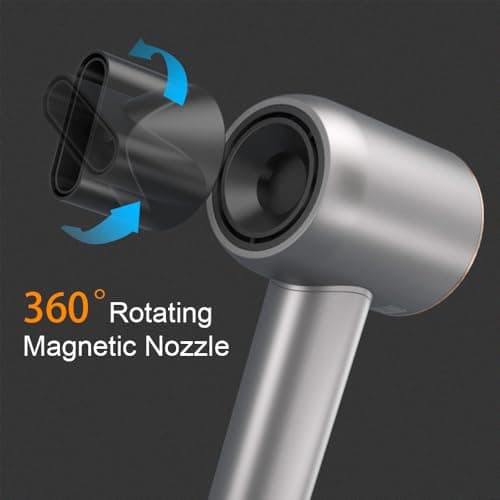 Hair Dryer - 110000 RPM High-Speed Brushless Motor Negative Ionic Blow Dryer for Fast Drying, Low Noise Thermo-Control Hair Dryer with Magnetic Nozzle, Silvery - Thumbnail 6
