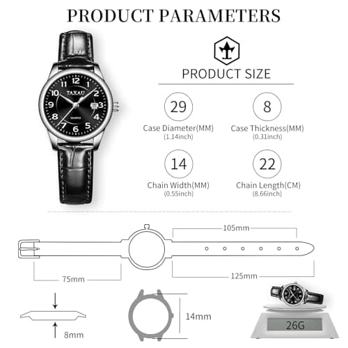 Taxau Ladies Watches for Small Wrist Leather Watch Women Dress Watch Black Dial Waterproof Watch for Female Elderly Large Number Easy Read Hand Watch with Date Reloj De Mujer - Thumbnail 6