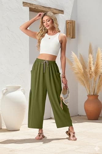 FREEOAK Womens Palazzo Harem Pants Wide Leg Boho Pant Flowy Spring Summer 2026 Beach Vacation Casual Trousers with Pockets Size X-Large A - Army Green - Thumbnail 3