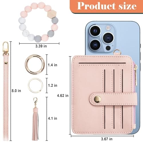 Airkit Wristlet Wallets for Women, Keychain RFID Blocking Credit Card Holder, Small Girly Wallet with Bracelet, Silicone Beaded Tassel Key Ring Card Holder, Pink - Thumbnail 3