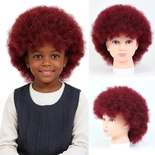 LQVEAIR 70's Small Afro Wigs for Women Adjustable Burgundy Hippie Wig With Bang 115gram Synthetic Curly Disco Wigs For Daily and Party (Small,Bug#)