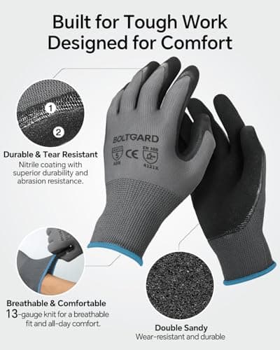 BOLTGARD Work Gloves Men with Double Sandy Nitrile Coated Grip, Black Micro-Foam Nitrile Glove for Mechanics, Outdooor Construction - Thumbnail 5