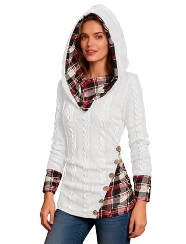 ZEZCLO Women's Twisted Cable Knit Plaid Print Hooded Sweater Mock Button Ruched Shawl Neck Knit Top White 2XL - Image 1