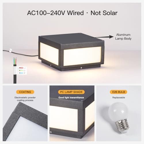 MVBT Outdoor Post Lights Hard Wired, AC100-240V 11.8" Column Light, Modern Pillar Lights Outdoor Waterproof, 3000K Square Post Lamp LED Lighting, Large Gate Fence Posts Light for Garden Patio Outside - Thumbnail 2