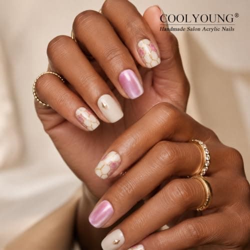 Handmade Nails Short Acrylic Press On Nails Women Gifts Press On Nails 3D Cat Eye Pink Nails COOLYOUNG Fake Nails, COOLYOUNG 15 PCS, Size L - Thumbnail 5