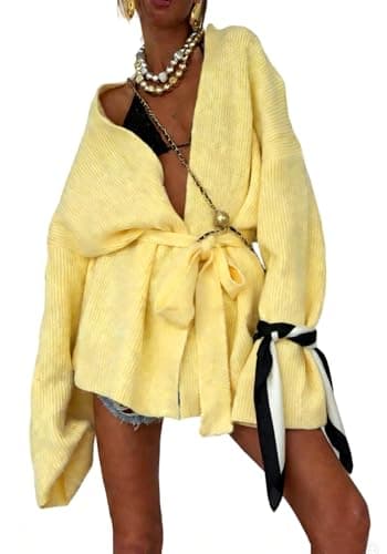 LKOUS Women's Tie Front Soft Cardigan Sweaters Chunky Knit Long Bell Sleeve Shrugs Fall Winter Jacket Coats Yellow - Image 1
