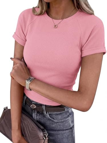 BTFBM Summer Tops for Women 2026 Crew Neck Rolled Sleeve T Shirts Knit Slim Basic Casual Spring Top Workout Y2k Clothes(Dusty Pink, Large) - Image 1