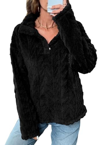 BLENCOT Womens Casual Half Button Down Collar Fleece Pullover Fuzzy Sweatshirt Jacket Pockets Trendy Warm Sherpa Sweater Long Sleeve Tops Coat Black XL - Image 1
