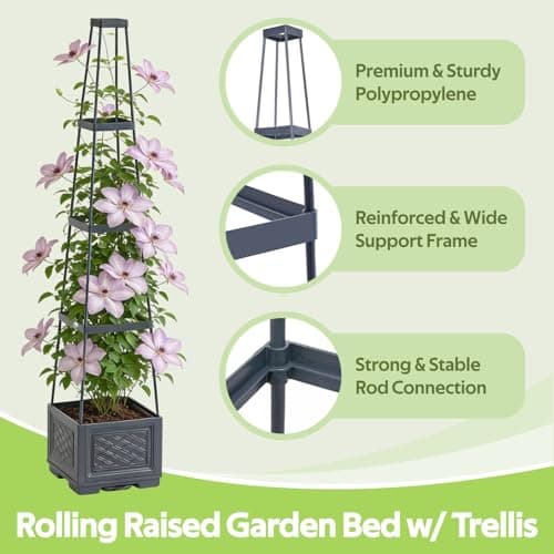Jesosia Tomato Planter Box with Trellis & Wheels - Mobile Raised Garden Bed with Tomato Cages for Climbing Plants - Tomato Trellis w/Rolling Planter Support for Flower Vegetable Vine Indoor Outdoor - Thumbnail 2