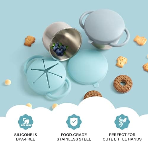 Daximo 2 Pack Snack Cups for Toddlers Spill Proof - Detachable Stainless Steel Toddler Snack Cups with Silicone Lids & Handles - Dishwasher Safe Baby Snack Containers (Light blue and Light grey) - Thumbnail 4
