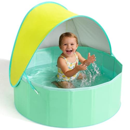 Hikiddy Foldable Kiddie Pool with Canopy: 31.5in/ 47in /63in for Baby Toddler Kids Family - Summer Water Play Pool with Shade - Portable for Outdoor Backyard Beach (Lemon & Mint, 31.5in)
