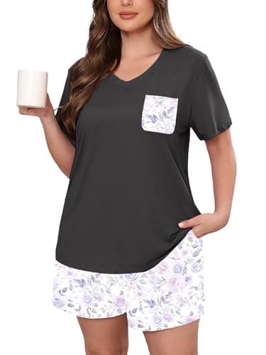 AusLook Plus Size Pajama Set for Women 2 Piece V Neck Short Sleeve Loungewear 4X Set with Pajama Printed Shorts Summer Sleepwear Loose Fit 1X-5X
