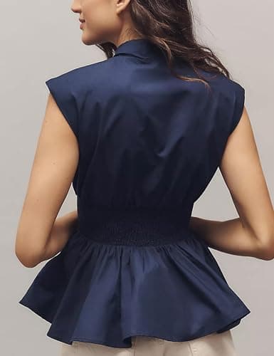 Wefebi Women's Casual V Neck Shirt Front Zip Cap Sleeves Tank Tops Pleated Waist Blouse(Navy-XS) - Thumbnail 2