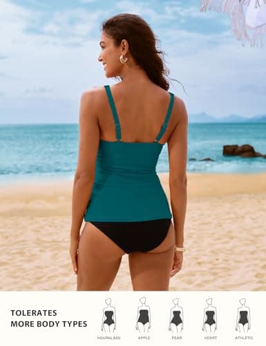 Hanna Nikole V-Shaped Steel Ring Tankini Top Tummy Control, Inner Mesh Bottom Tankini Tops for Women Swimwear Blue-Green S - Thumbnail 2