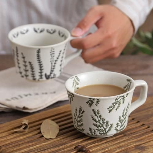 Ceramic Mug, 11oz - Vintage Cups Mug for Coffee Milk Latte Cappuccino Tea, Porcelain Cups Dishwasher Microwave Freezer Safe Stoneware 1 PCS Black Leaf Cup - Thumbnail 4