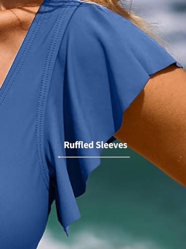 SOCIALA Swim Suits for Women Bathing Suits Tummy Control Swimsuits Ruffle Sexy One Piece Swimsuit Cutout Swimwear Blue S - Thumbnail 4