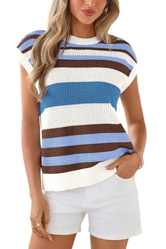 dowerme Womens Spring Tank Tops 2026 Cute Cap Sleeve Crewneck Color Block Crochet Sweater Vest Striped Summer Outfits(Striped Blue White,Medium) - Image 1