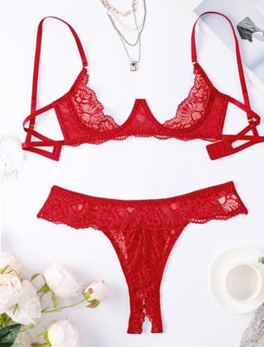 Avidlove Sexy Bra with Panties Mesh Sheer Push Up Lingerie Set Lace Underwire Lingerie Red S - Thumbnail 2