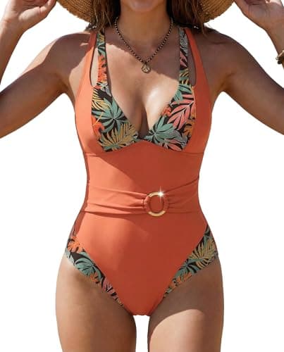 SHESHOW One Piece Bathing Suit for Women Tropical Floral Color Block Ring Linked Swimsuits Beachwear Pink M - Image 1