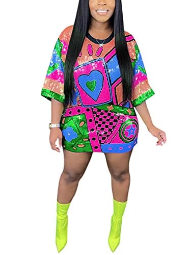 Fawjsais Womens Shiny Sequin Tunic Dress Sexy Letter Print 3/4 Sleeve Mini Dresses Party Club OutfitsRose Red XL - Image 1
